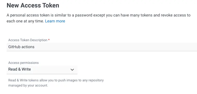 Docker Hub Access Token作成画面