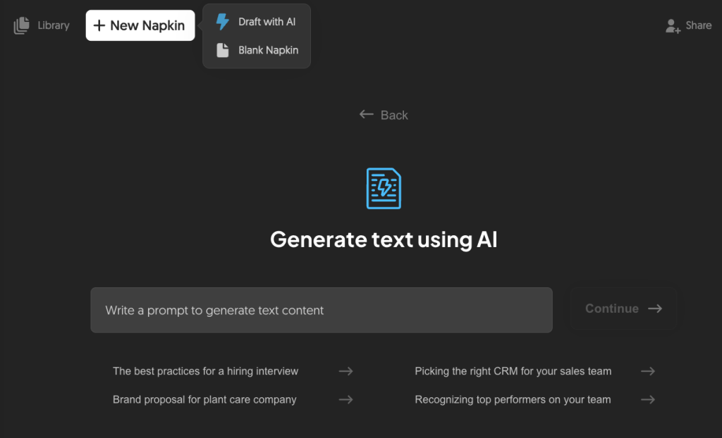 Napkin AI メニュー画面